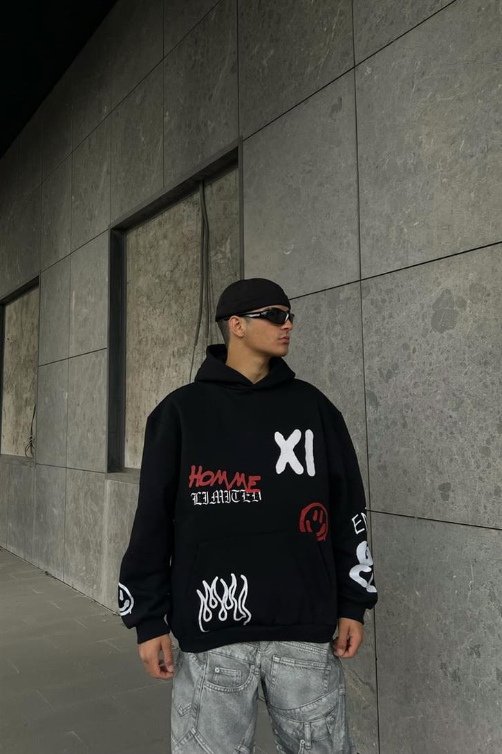 Homme XI Baskılı Siyah Oversize Hoodie