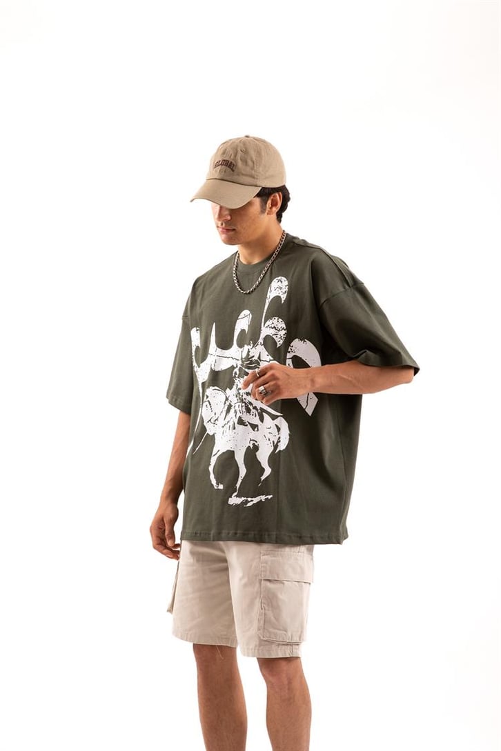Horse Baskılı Haki Oversize Tişört