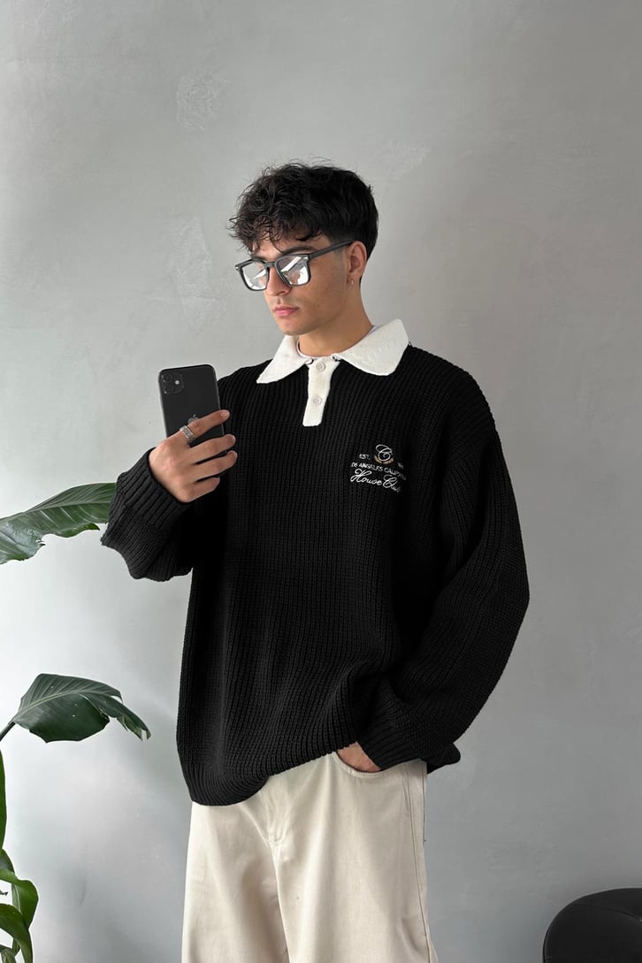 House Club Nakışlı  Polo Yaka Kazak