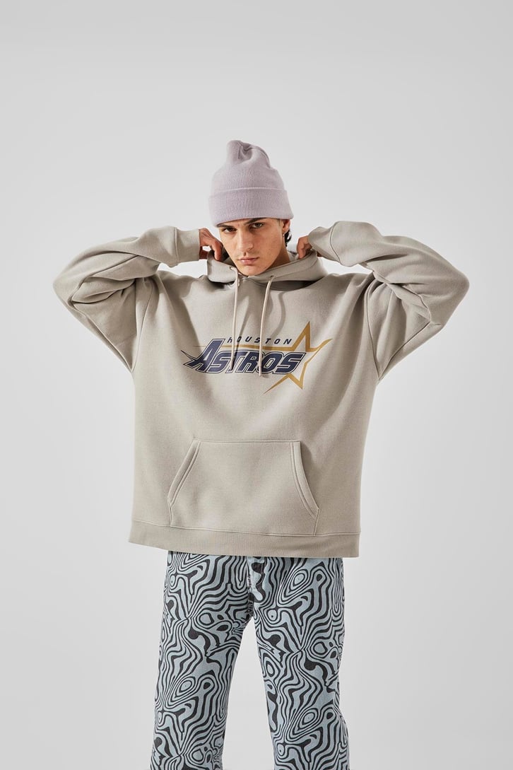 Houston Astros Baskılı Taş Rengi Oversize Hoodie