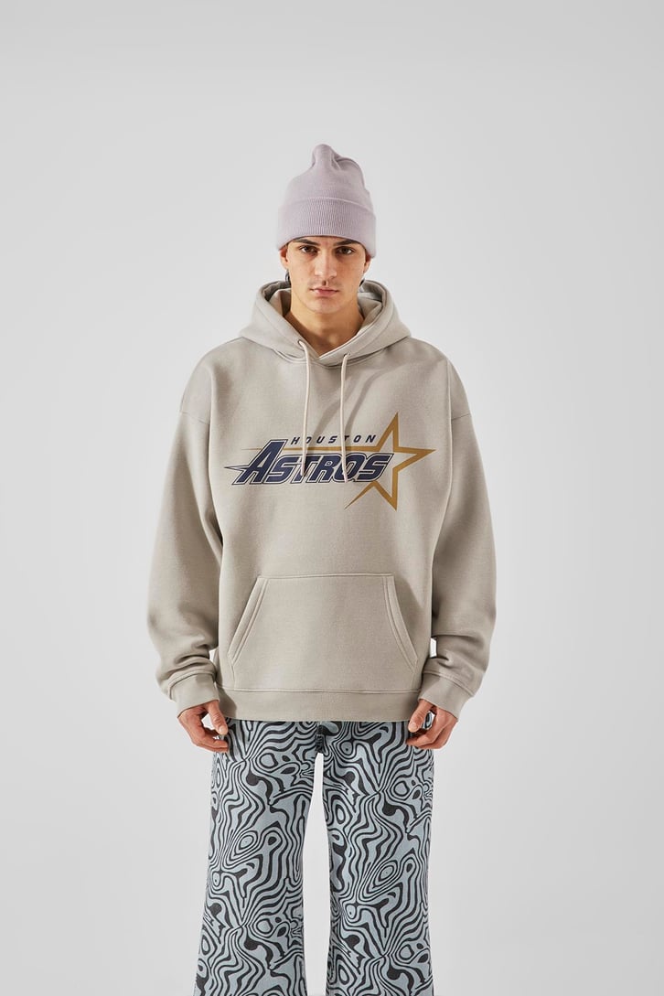 Houston Astros Baskılı Taş Rengi Oversize Hoodie