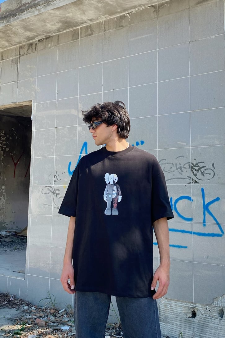 Human Anatomy Baskılı Siyah Oversize Tshirt