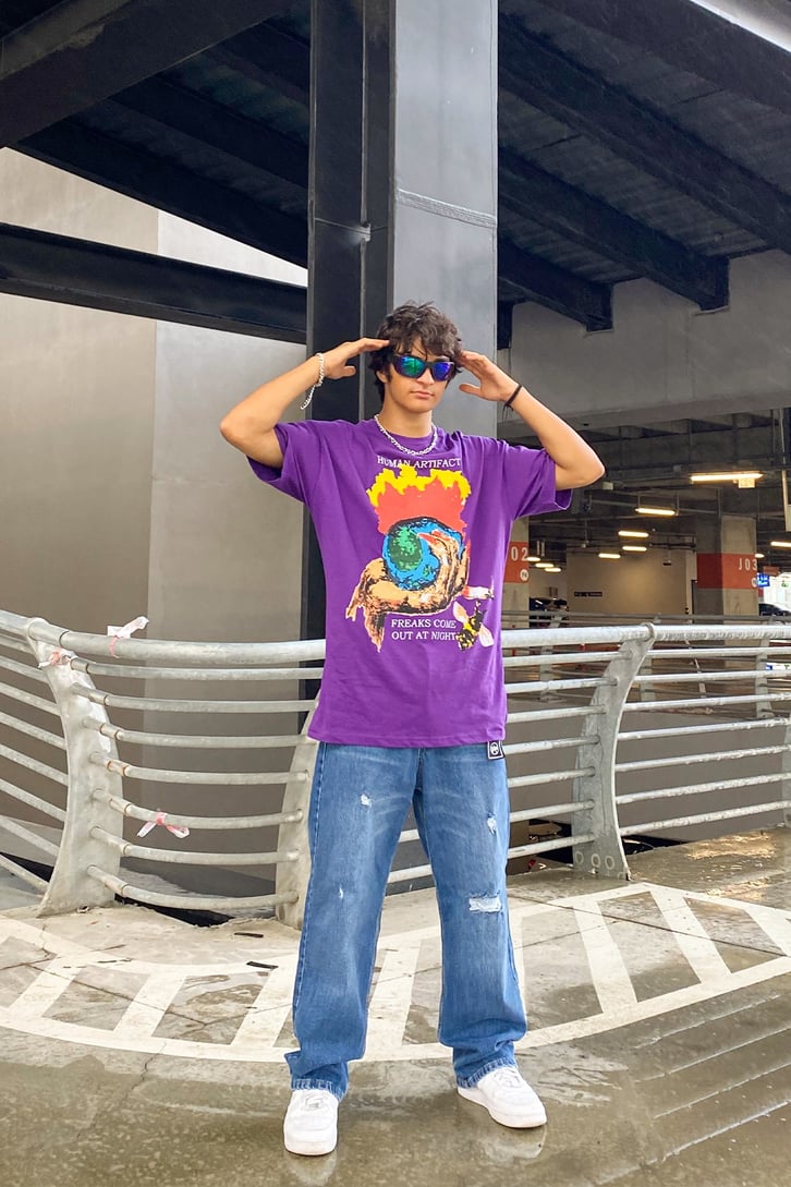 Human Artifact Baskılı Mor Oversize Tshirt
