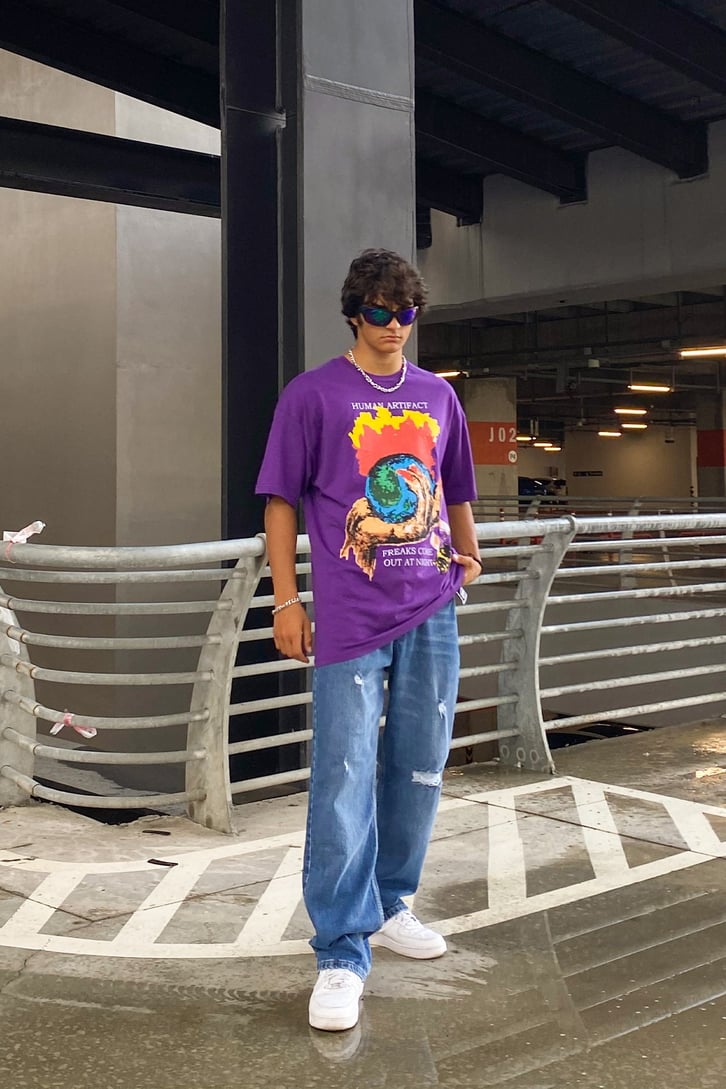 Human Artifact Baskılı Mor Oversize Tshirt