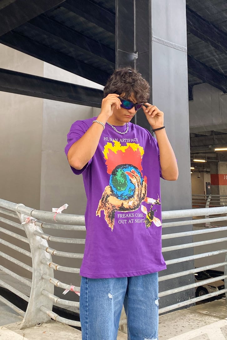 Human Artifact Baskılı Mor Oversize Tshirt