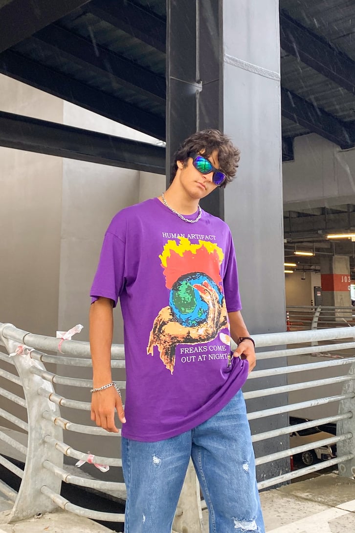 Human Artifact Baskılı Mor Oversize Tshirt