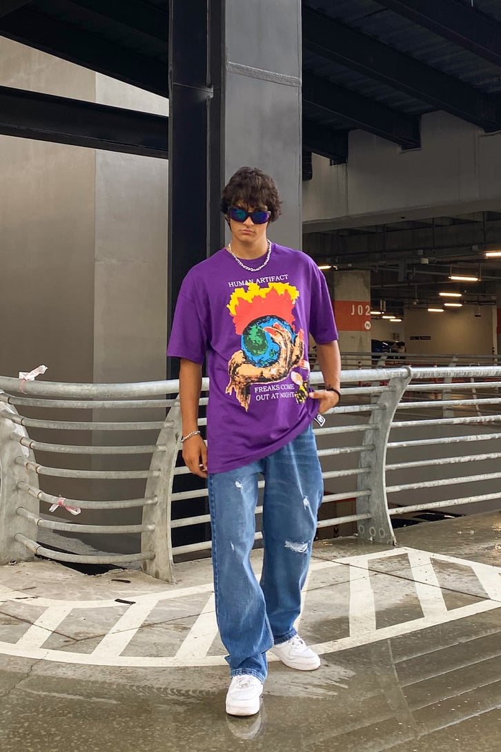 Human Artifact Baskılı Mor Oversize Tshirt