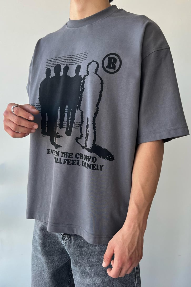 Humans Baskılı Füme Oversize Tişört