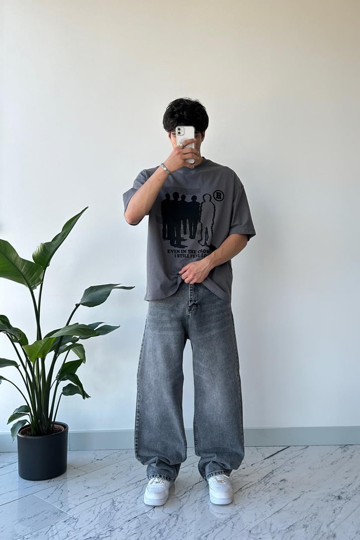 Humans Baskılı Füme Oversize Tişört