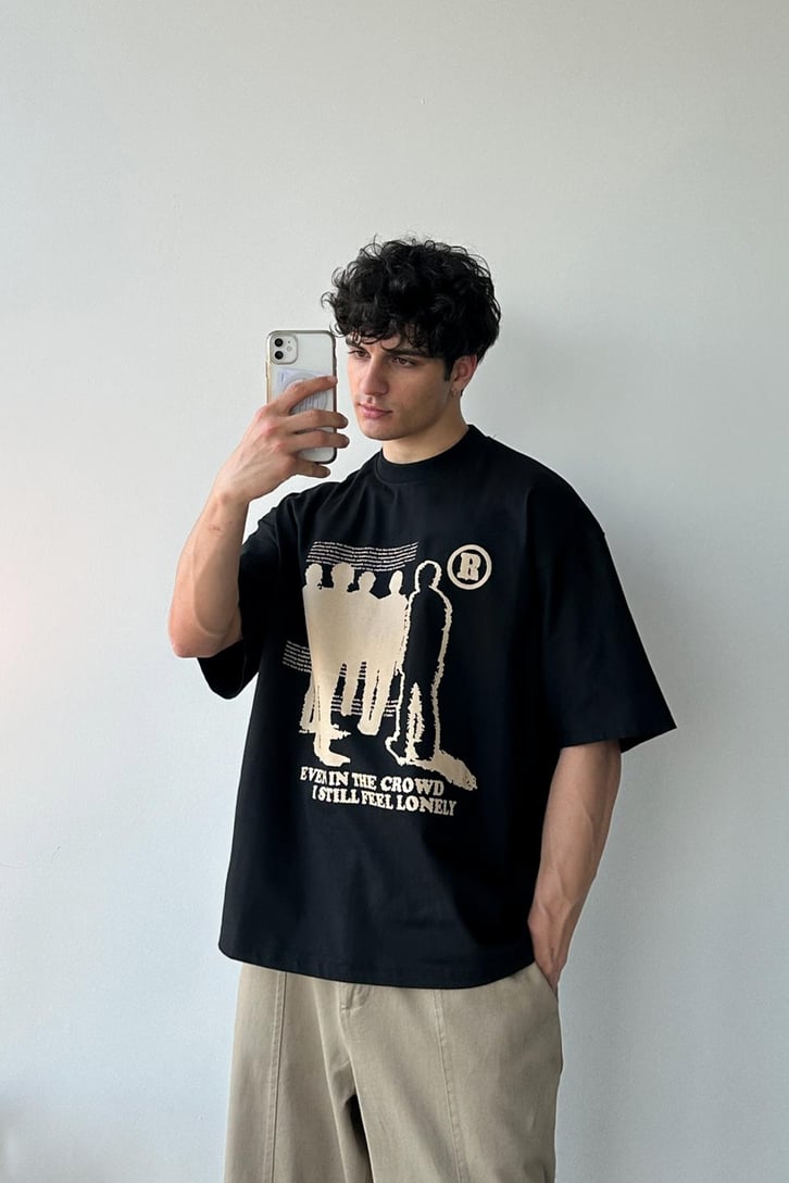 Humans Baskılı Siyah Oversize Tişört