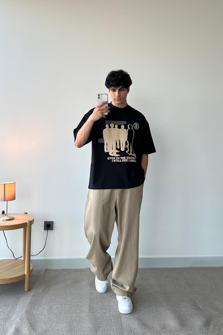 Humans Baskılı Siyah Oversize Tişört