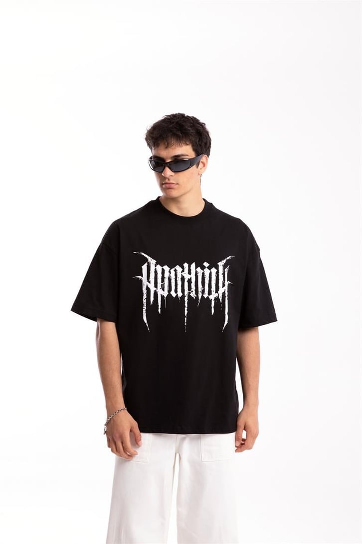Huntnith Baskılı Siyah Oversize Tişört