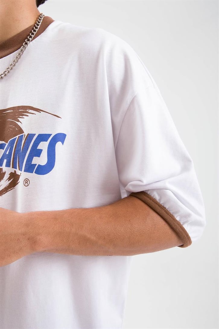 Hurricanes Baskılı Beyaz Oversize Tişört