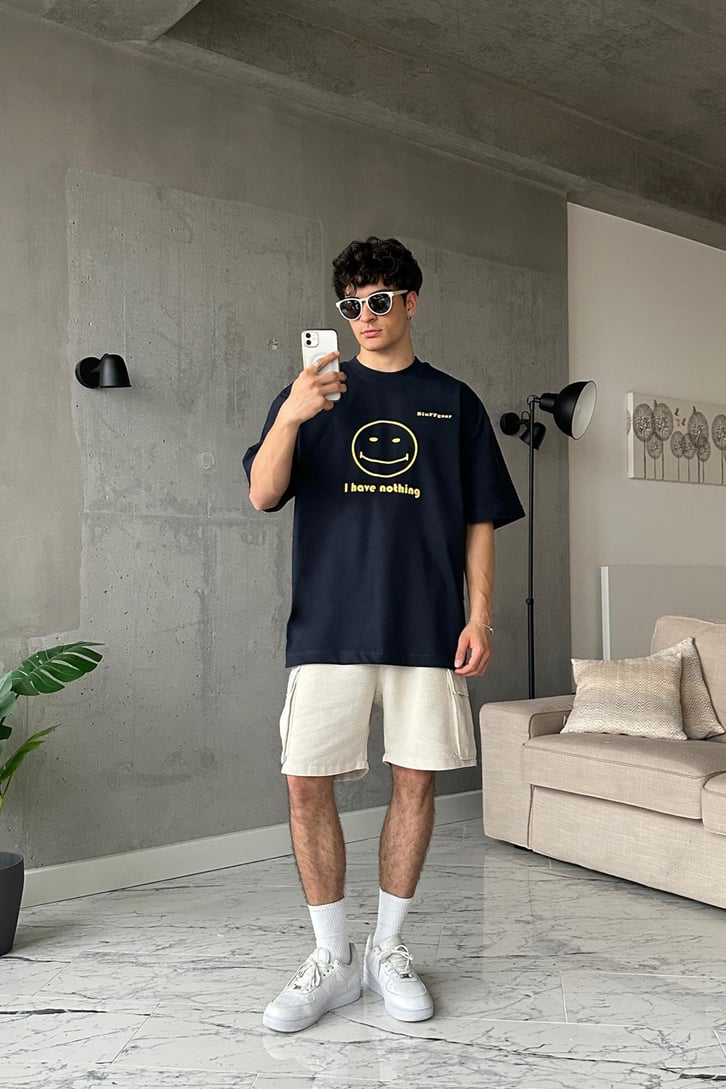 I have Nothing Baskılı Lacivert Oversize Tişört