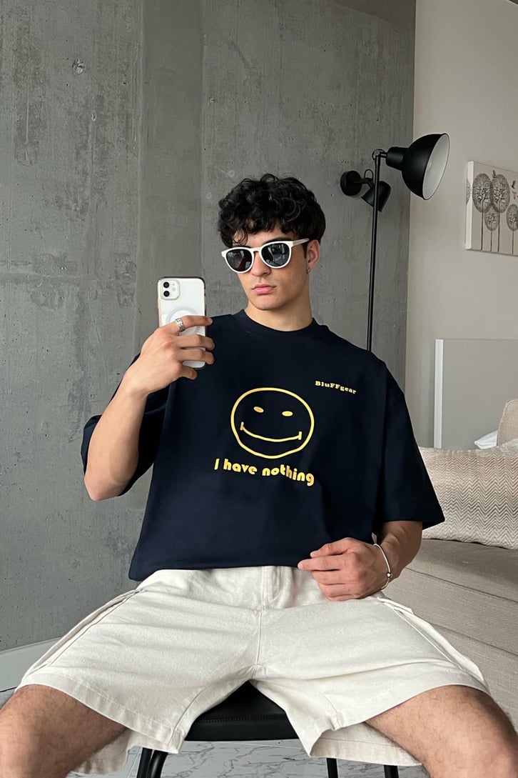 I have Nothing Baskılı Lacivert Oversize Tişört