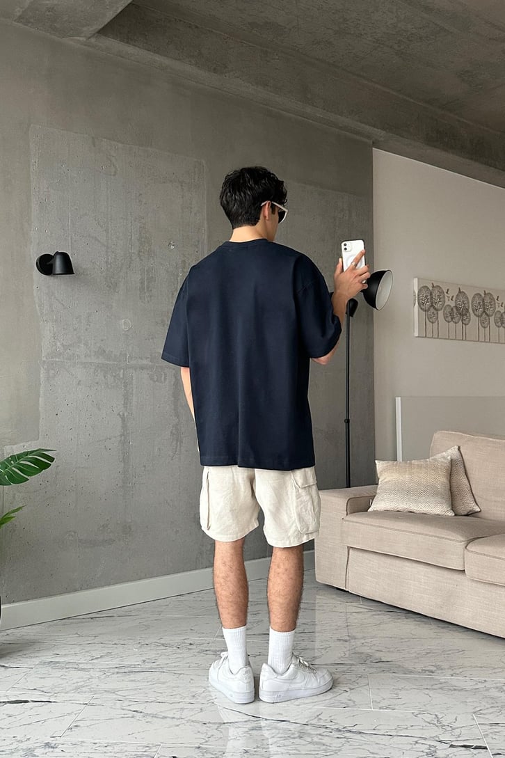 I have Nothing Baskılı Lacivert Oversize Tişört