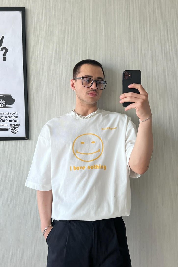 I have Nothing Baskılı Lacivert Oversize Tişört
