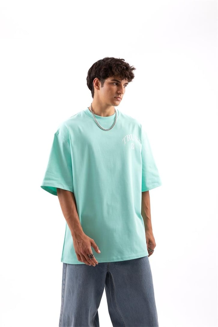 I'am Not Basic Baskılı Turkuaz Oversize Tişört