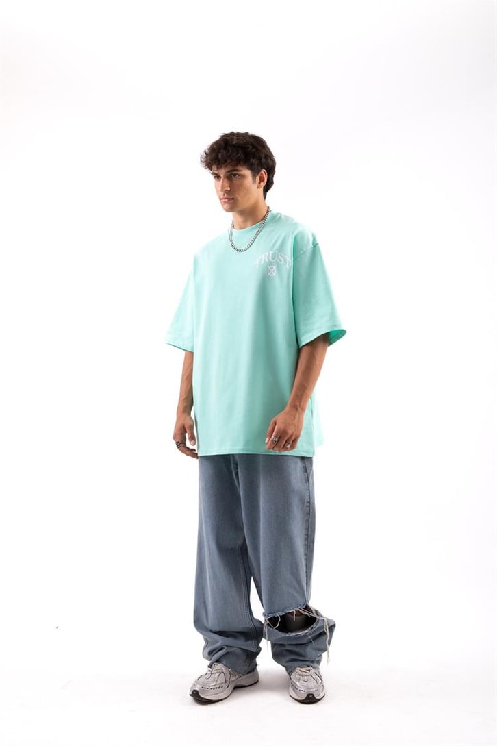 I'am Not Basic Baskılı Turkuaz Oversize Tişört