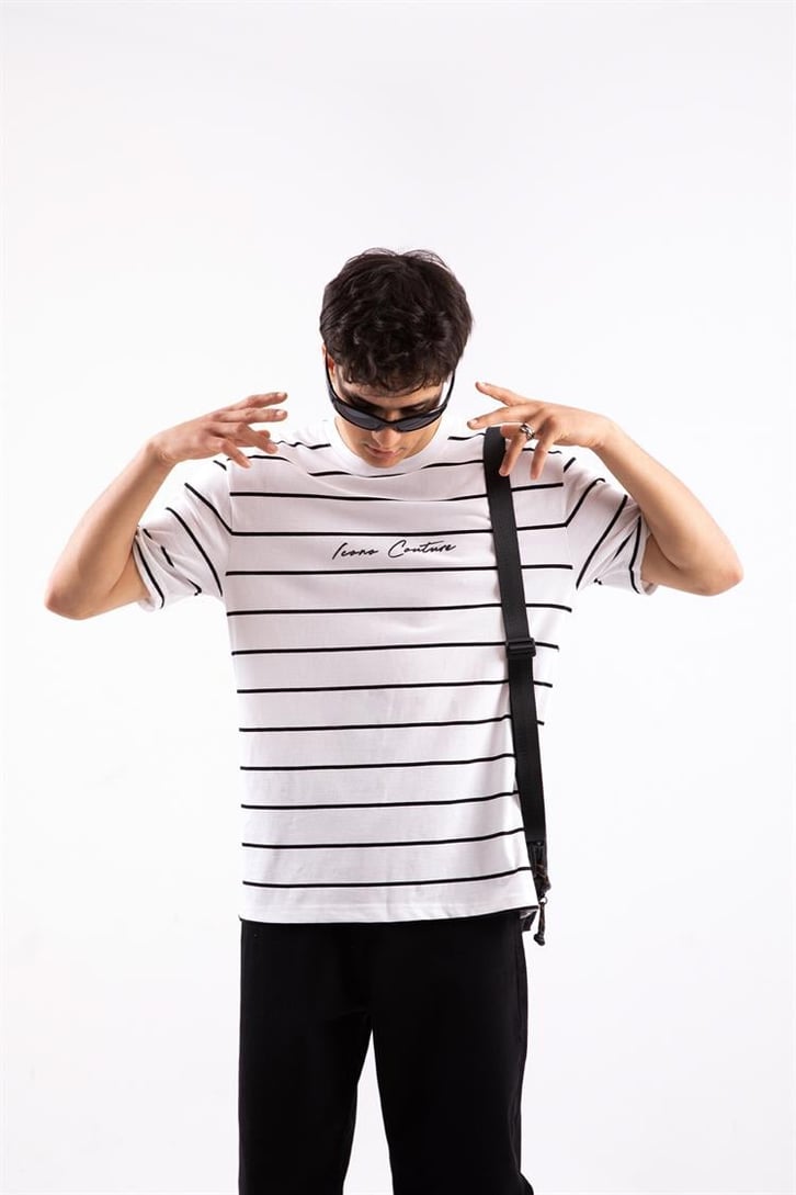 Icono Couture Çizgili Beyaz Oversize Tshirt