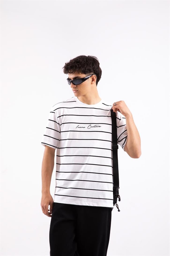 Icono Couture Çizgili Beyaz Oversize Tshirt