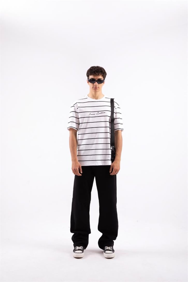 Icono Couture Çizgili Beyaz Oversize Tshirt