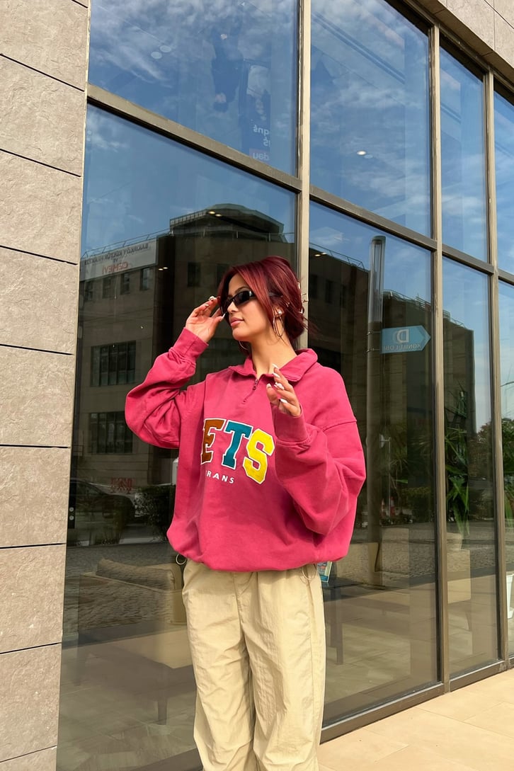 IETS Nakışlı Half-Zip Pembe Sweatshirt