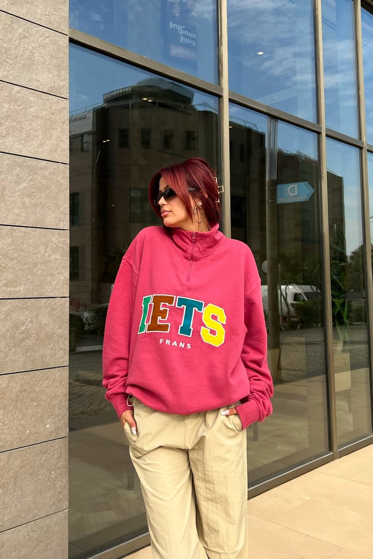 IETS Nakışlı Half-Zip Pembe Sweatshirt