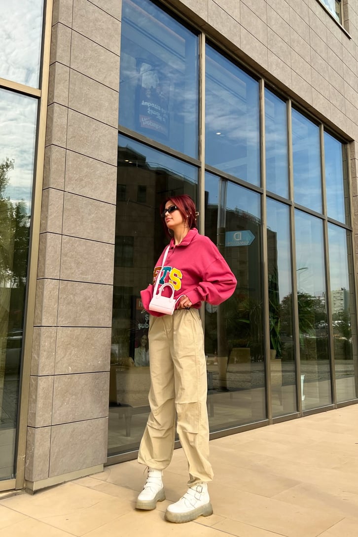 IETS Nakışlı Half-Zip Pembe Sweatshirt