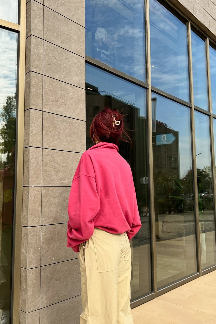 IETS Nakışlı Half-Zip Pembe Sweatshirt