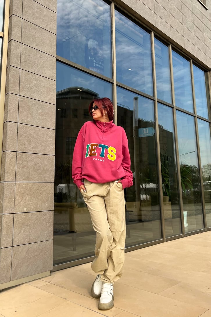 IETS Nakışlı Half-Zip Pembe Sweatshirt
