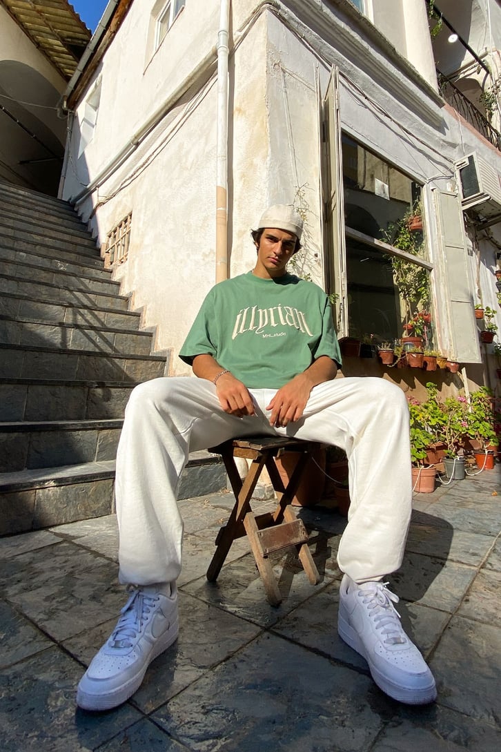 Illprian Nakışlı Çam Yeşili Oversize Tshirt