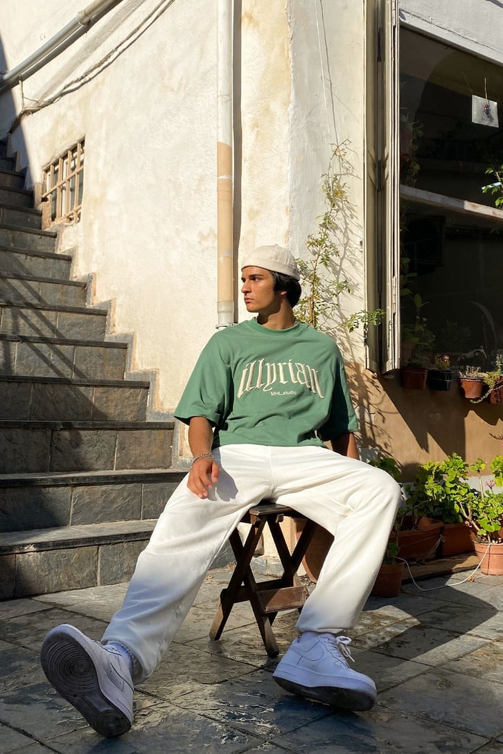 Illprian Nakışlı Çam Yeşili Oversize Tshirt