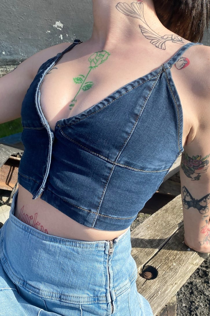 İnce Askılı Kot Mavi Crop Top