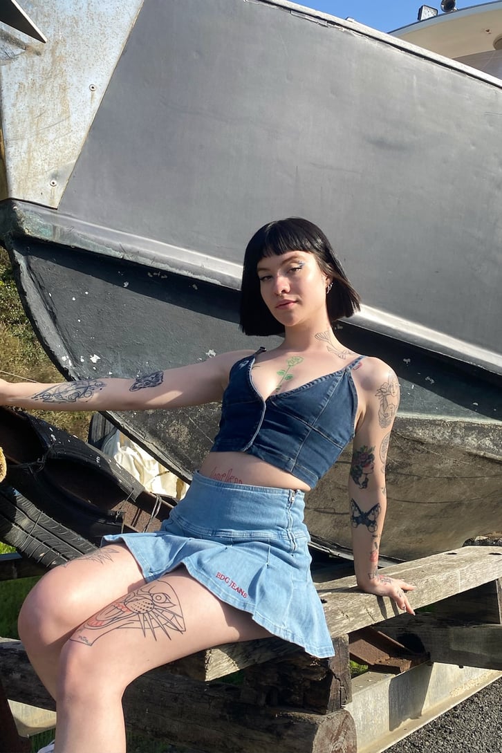İnce Askılı Kot Mavi Crop Top