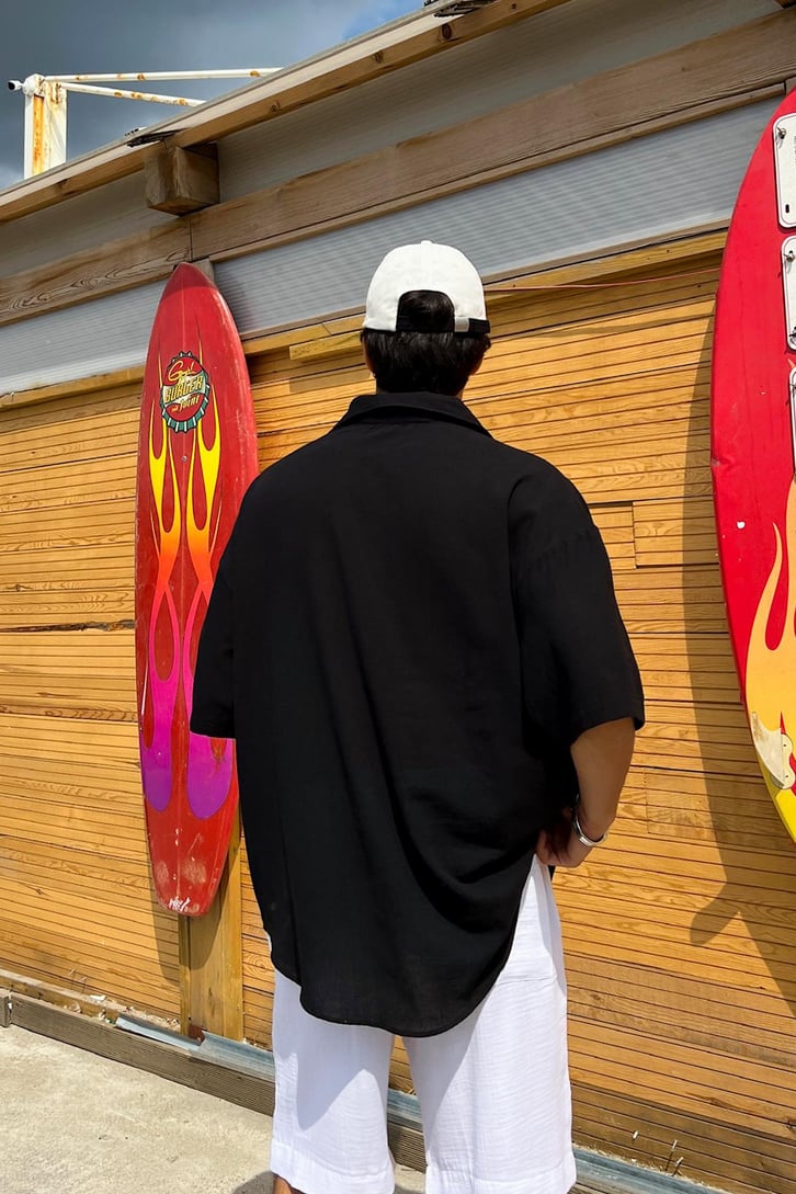 İnce Keten Küba Yaka Oversize Gömlek