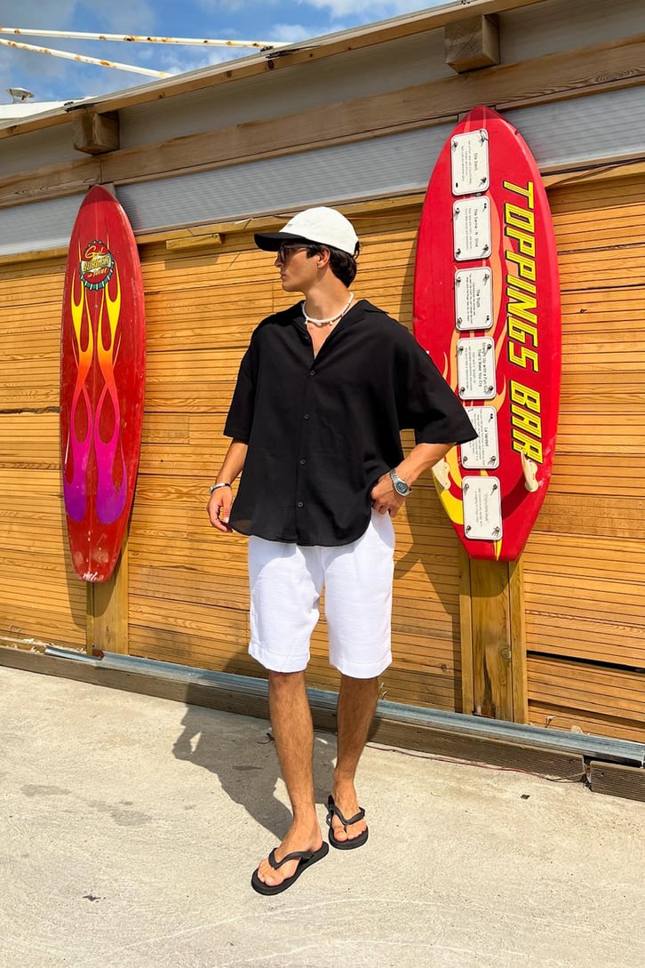 İnce Keten Küba Yaka Oversize Gömlek