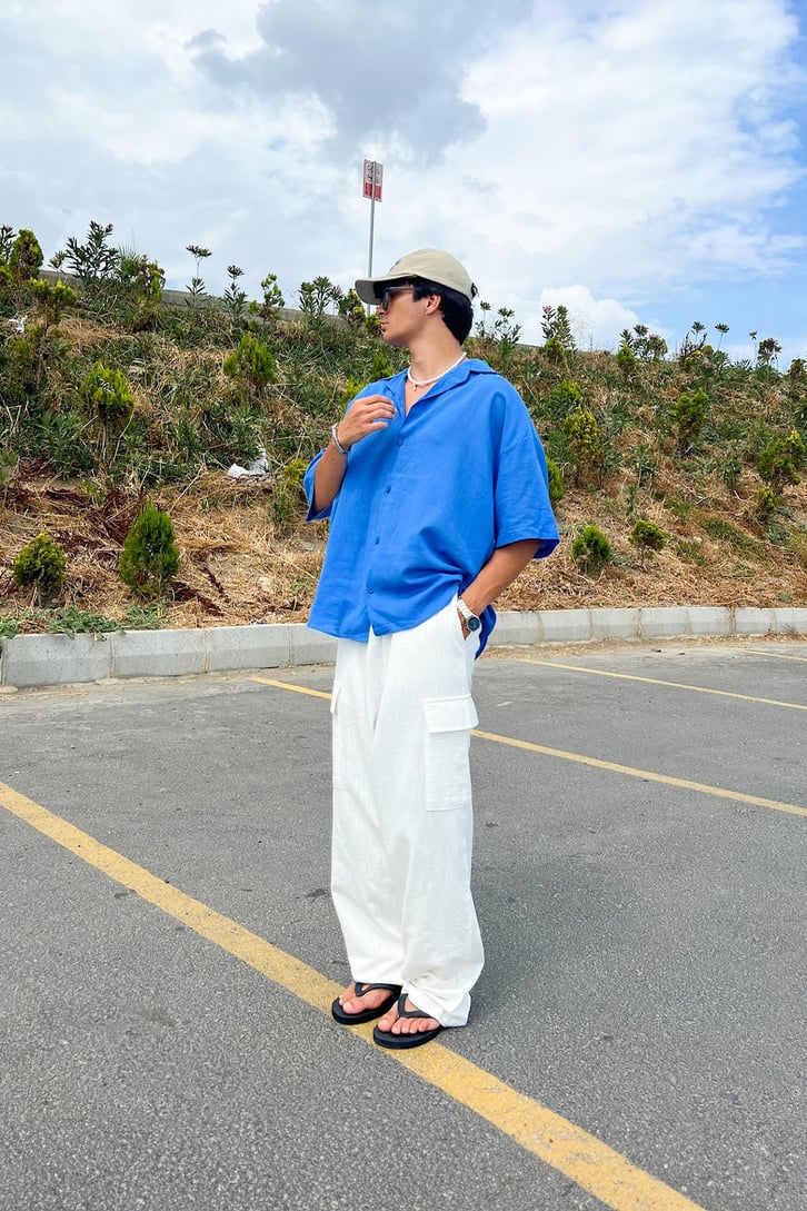 İnce Keten Küba Yaka Oversize Gömlek