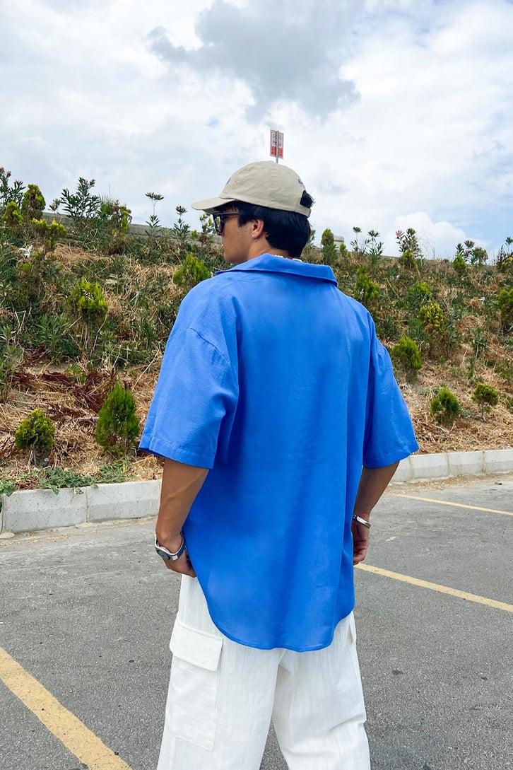 İnce Keten Küba Yaka Oversize Gömlek