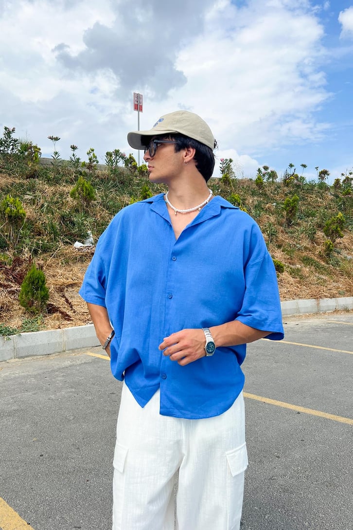 İnce Keten Küba Yaka Oversize Gömlek