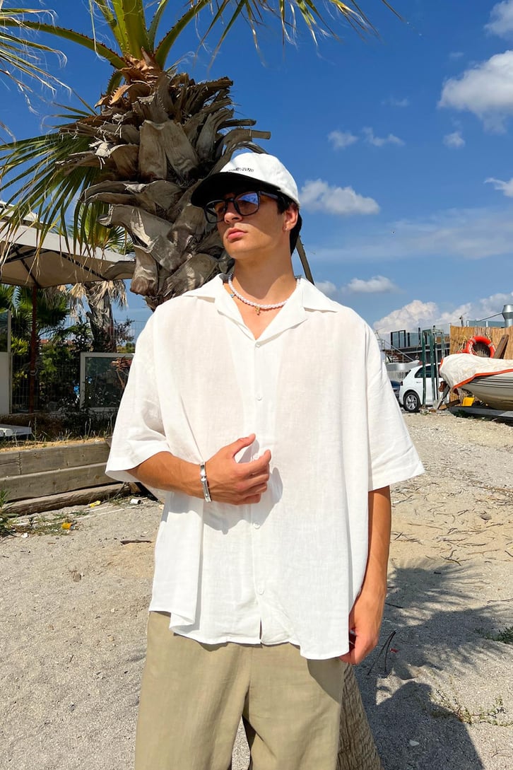 İnce Keten Küba Yaka Oversize Gömlek