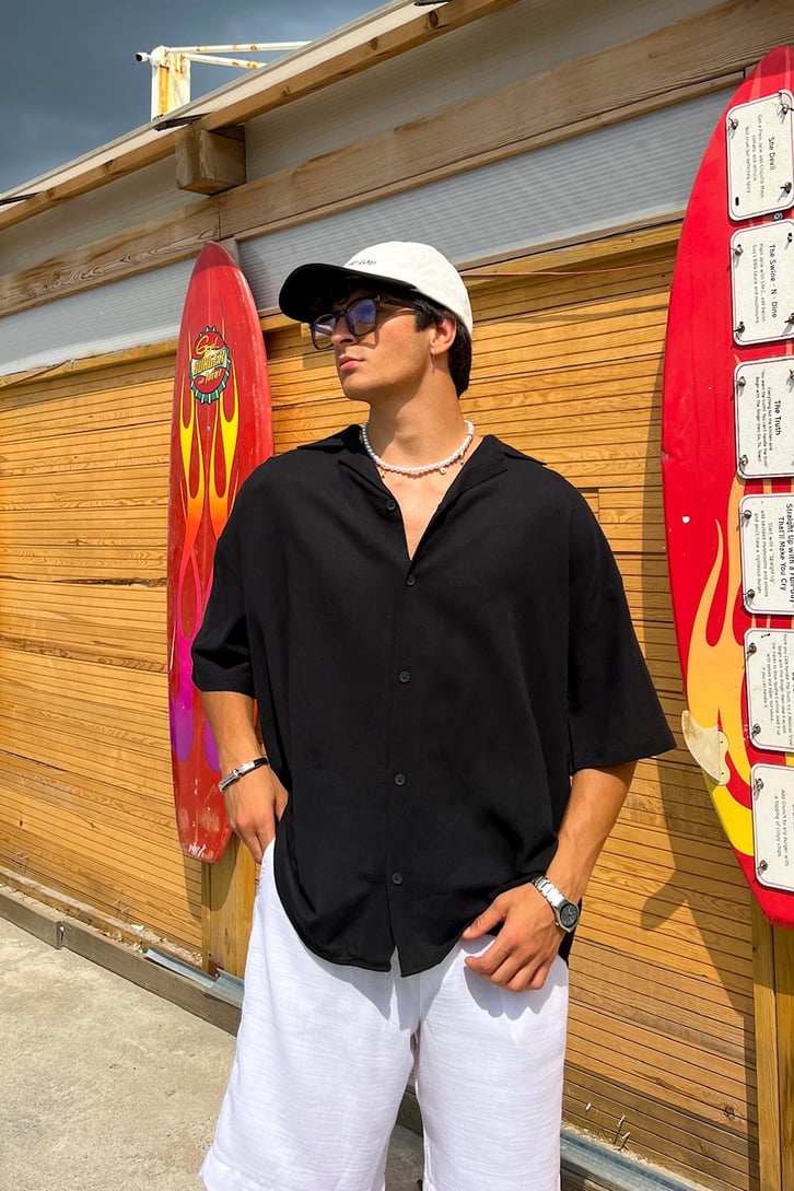 İnce Keten Küba Yaka Oversize Gömlek