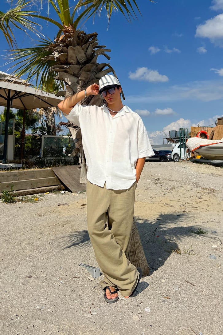 İnce Keten Küba Yaka Oversize Gömlek