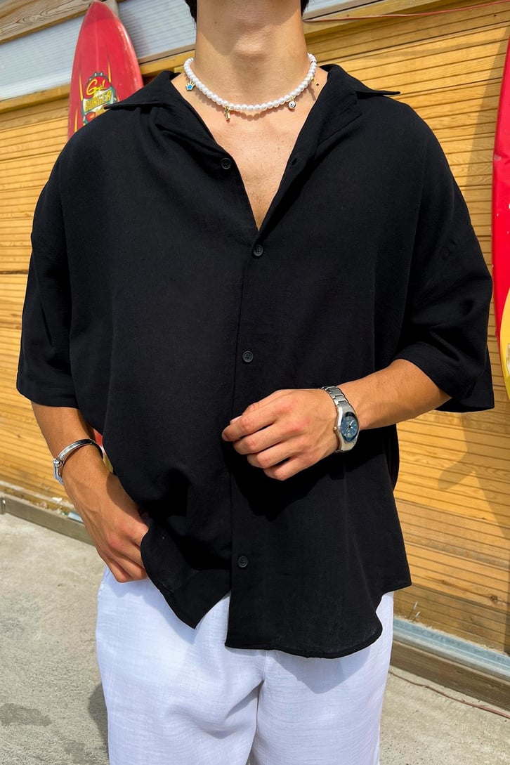 İnce Keten Küba Yaka Oversize Gömlek