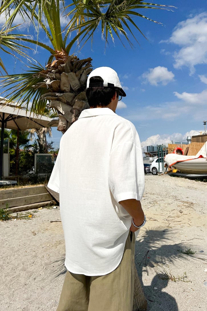 İnce Keten Küba Yaka Oversize Gömlek
