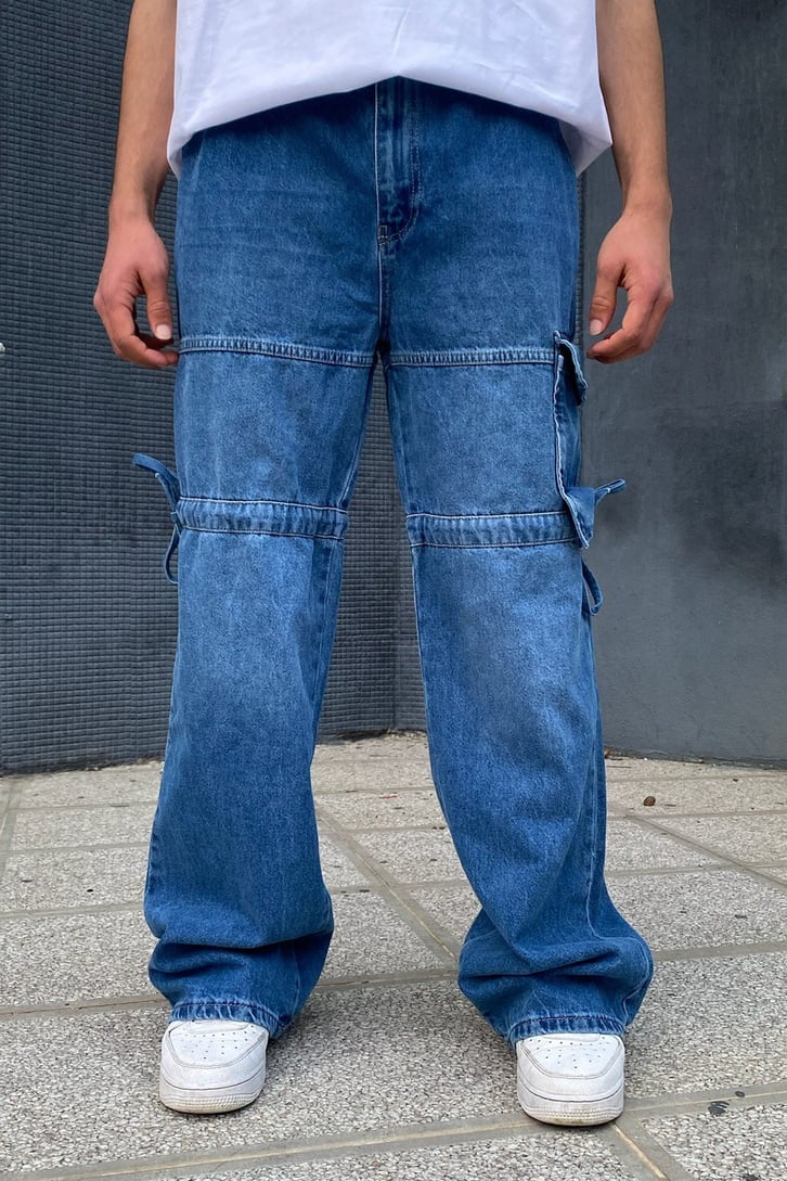 İp Detaylı Kargo Cepli Kot Mavi Baggy Jean