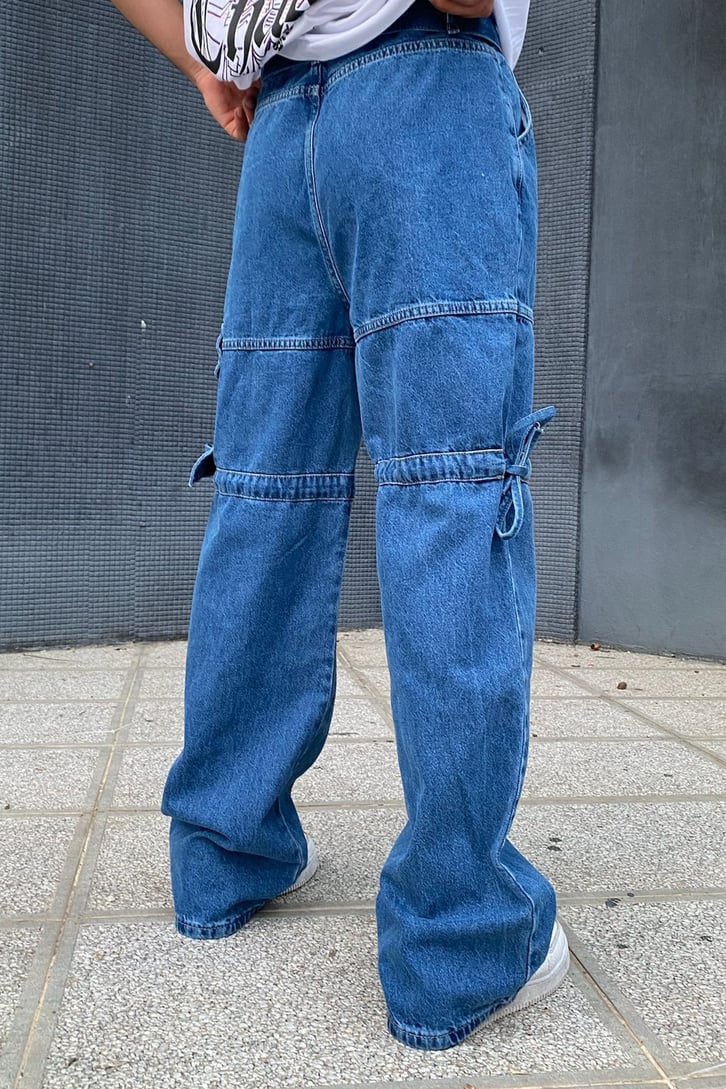 İp Detaylı Kargo Cepli Kot Mavi Baggy Jean