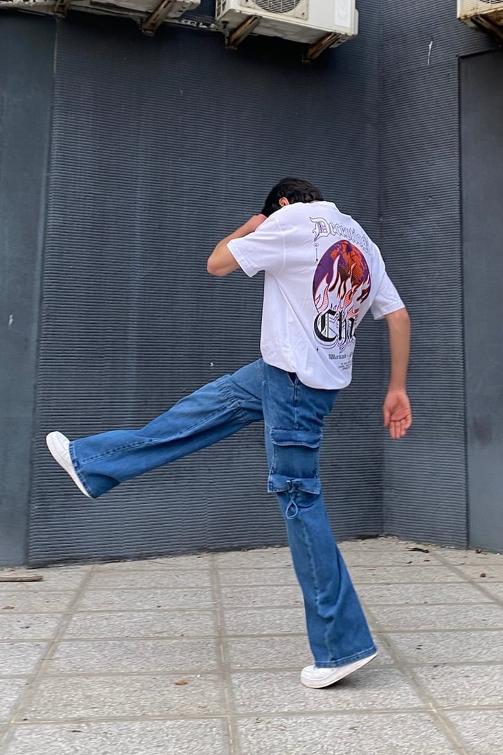 İp Detaylı Kargo Cepli Kot Mavi Baggy Jean