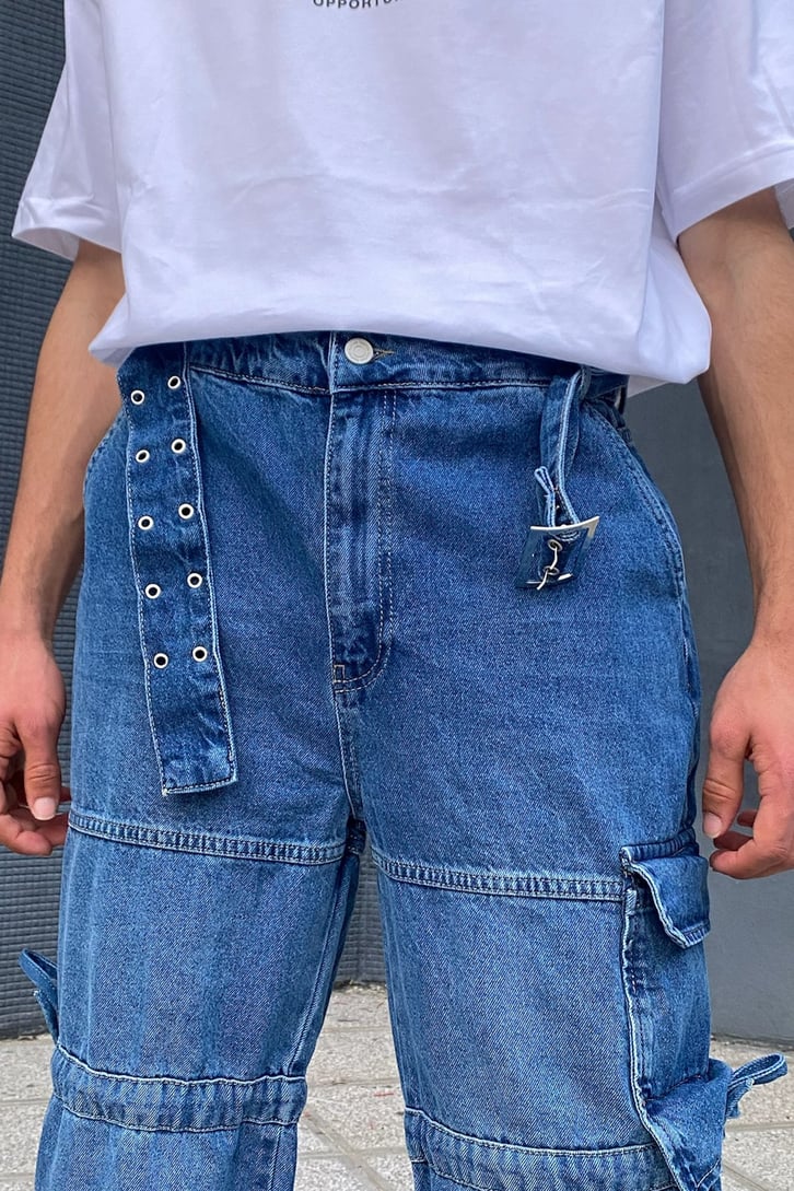 İp Detaylı Kargo Cepli Kot Mavi Baggy Jean
