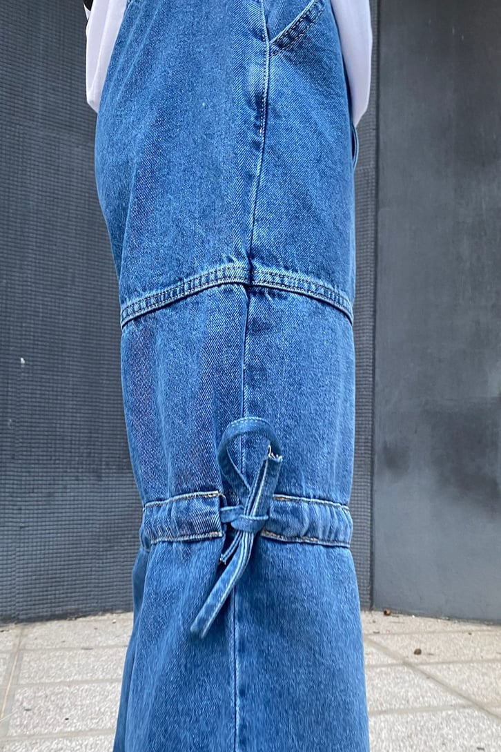 İp Detaylı Kargo Cepli Kot Mavi Baggy Jean